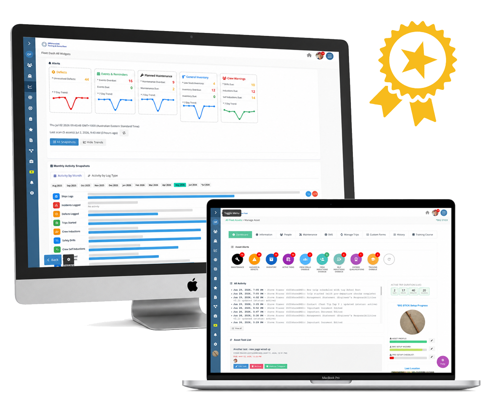 Bridge Deck Dashboard showing fleet alerts, activity snapshots, and vessel management