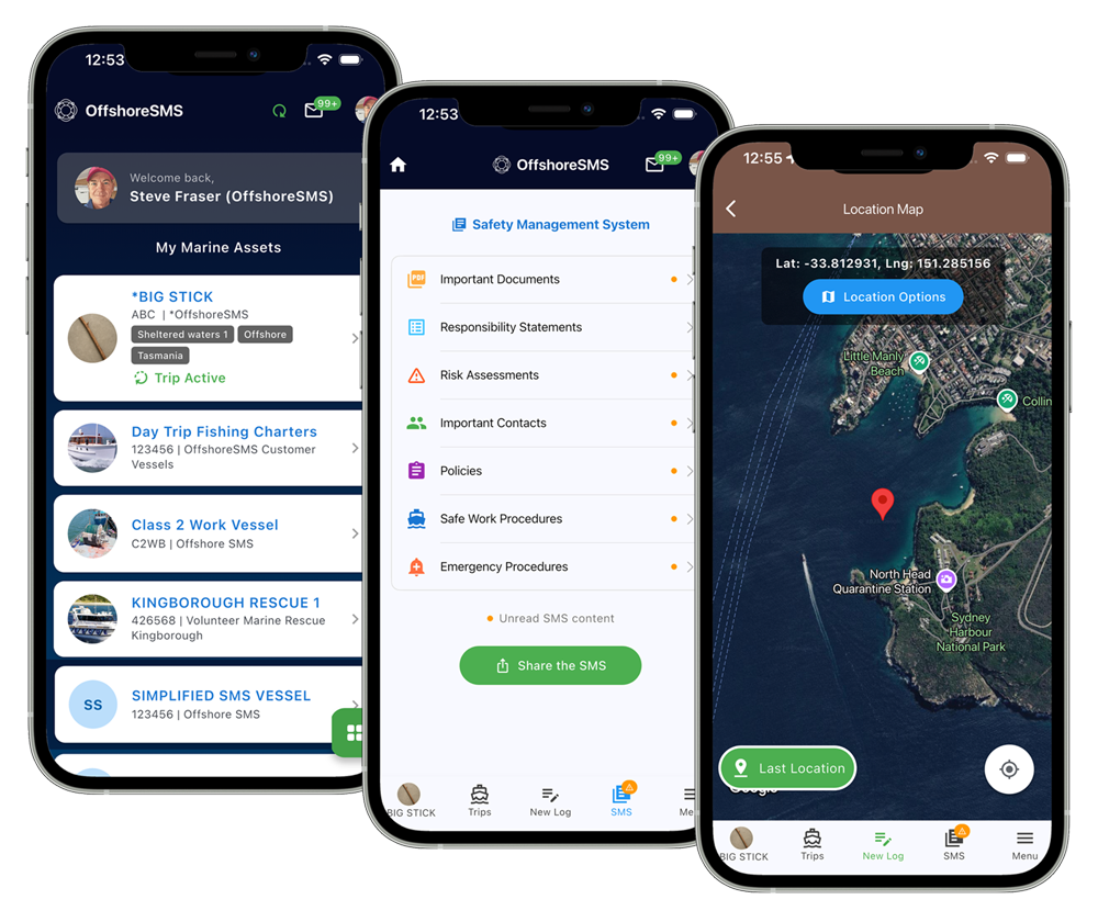 Skippr App screenshots showing vessel list, safety management system, and location map